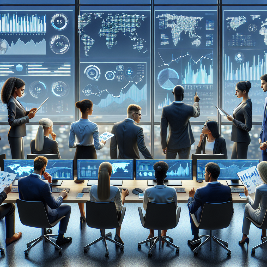 Business professionals analyzing financial data on digital screens in a modern office setting, focusing on investment policies.