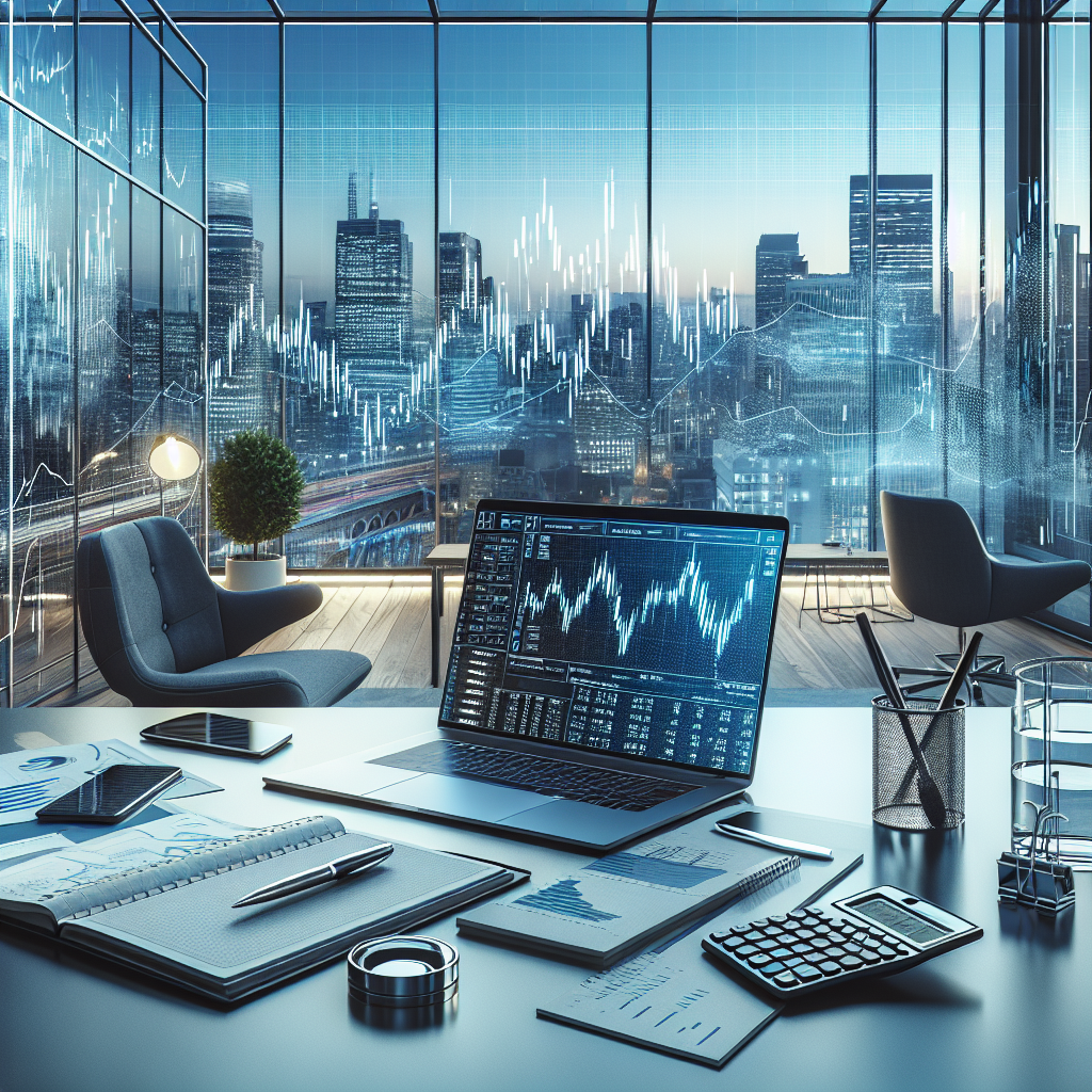 An investor's desk with traditional tools and a laptop showing stock data, set in a modern office overlooking a city.