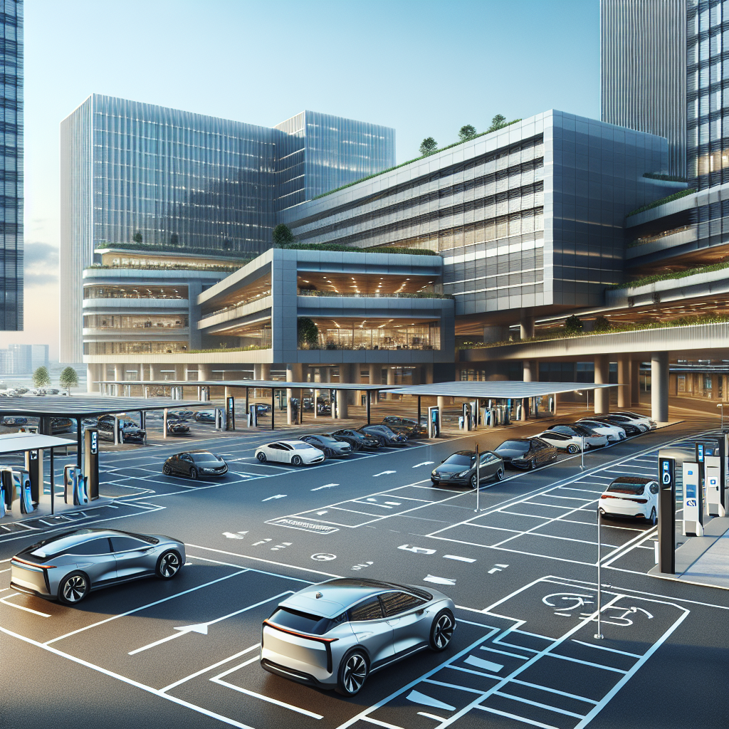 An image of a modern and eco-friendly business center parking lot with electric vehicle stations.