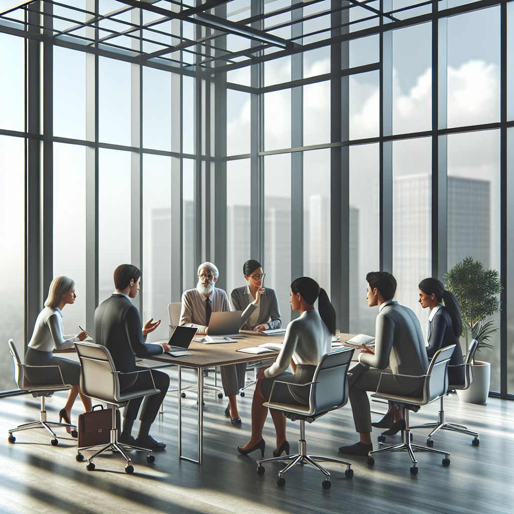A group of diverse individuals discussing investment policies in a modern office setting.
