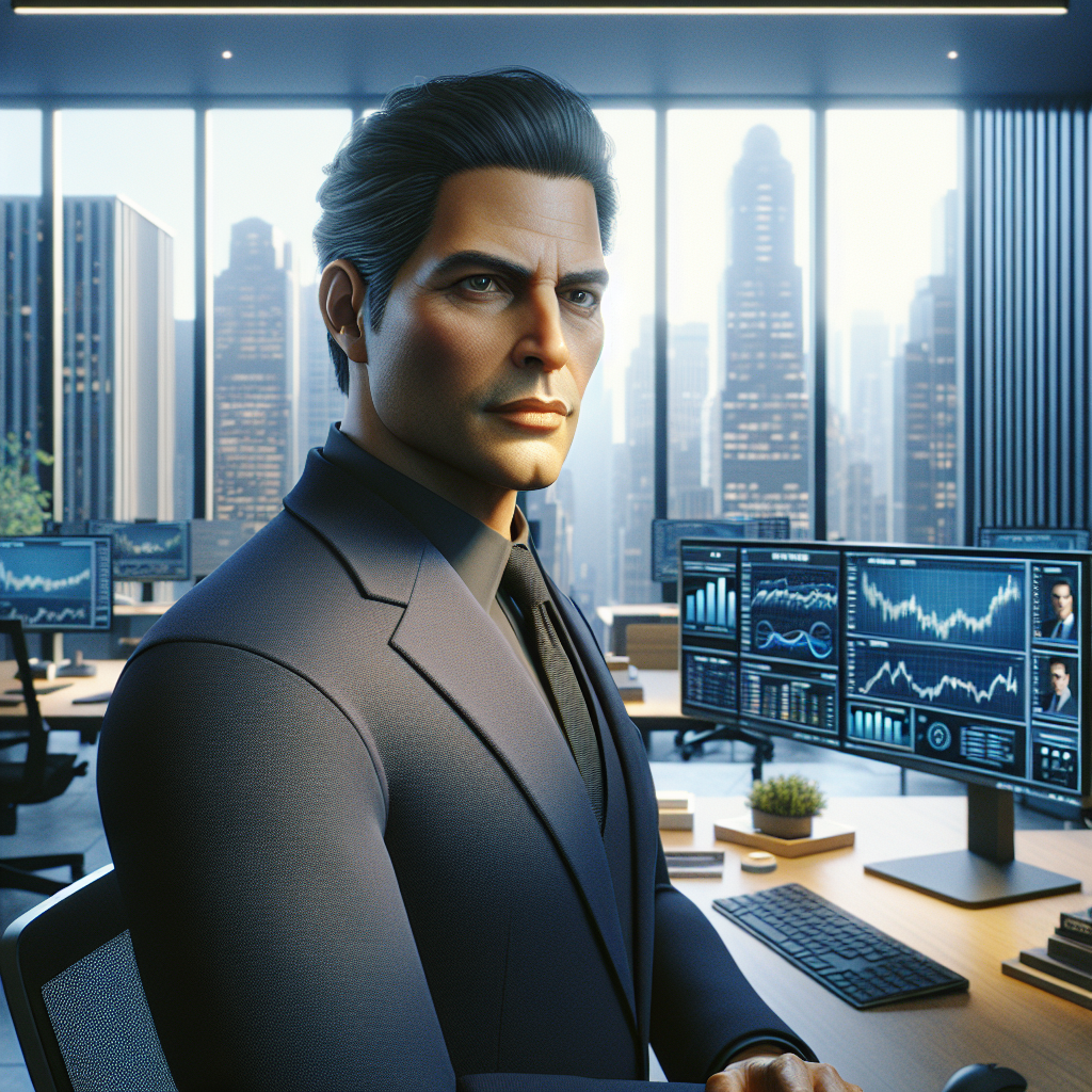 Investor in a modern office with technology and cityscape.