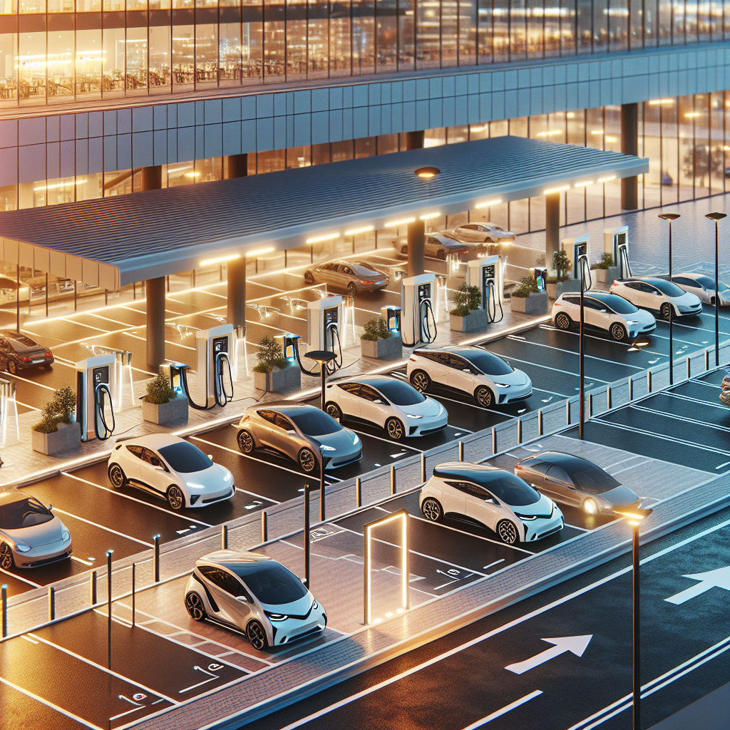 A realistic image of Entrepreneur Business Centre's modern parking facility with electric vehicle charging stations and advanced lighting.