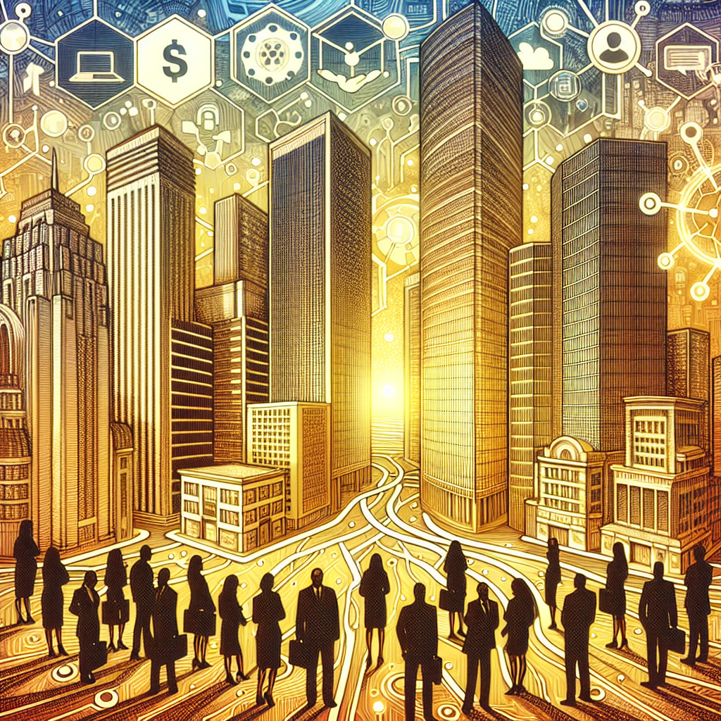 A realistic cityscape symbolizing investment policies with skyscrapers and diverse professionals.