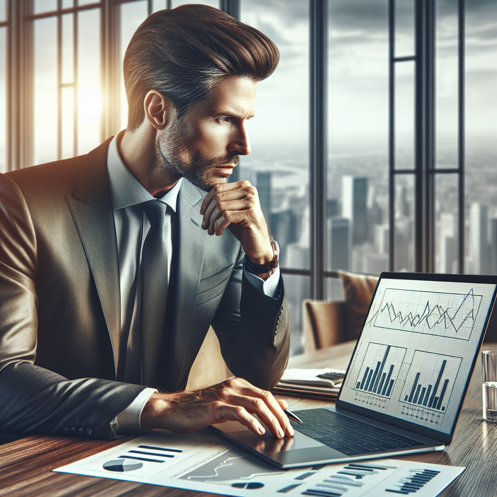 A business person analyzing financial charts and market data in a modern office setting.