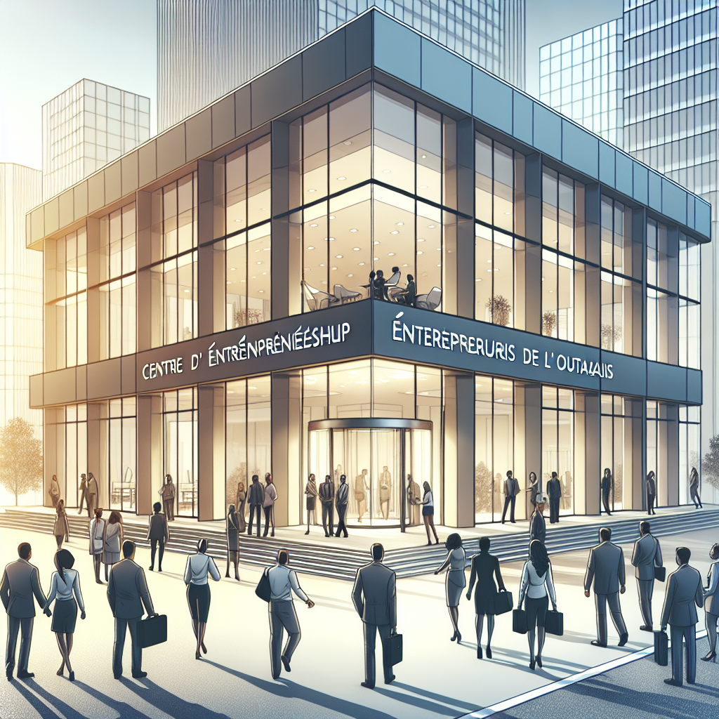 A realistic depiction of the Centre d'Entrepreneurship de l'Outaouais with modern architecture in a bustling urban setting.