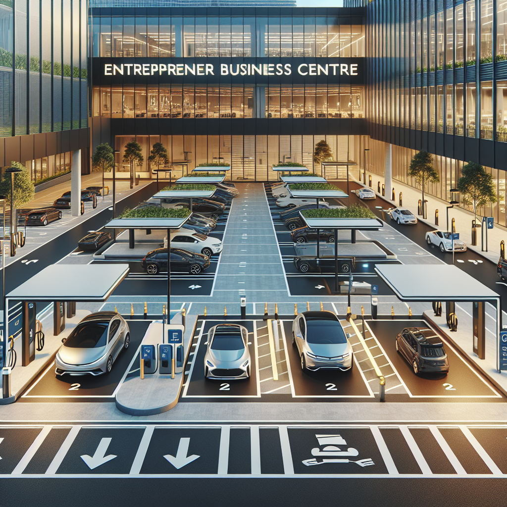 Realistic image of a modern parking facility with eco-friendly features at the Entrepreneur Business Centre.