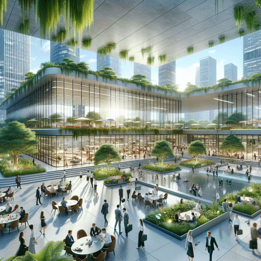A modern entrepreneurial center in a cityscape with diverse entrepreneurs collaborating outside.