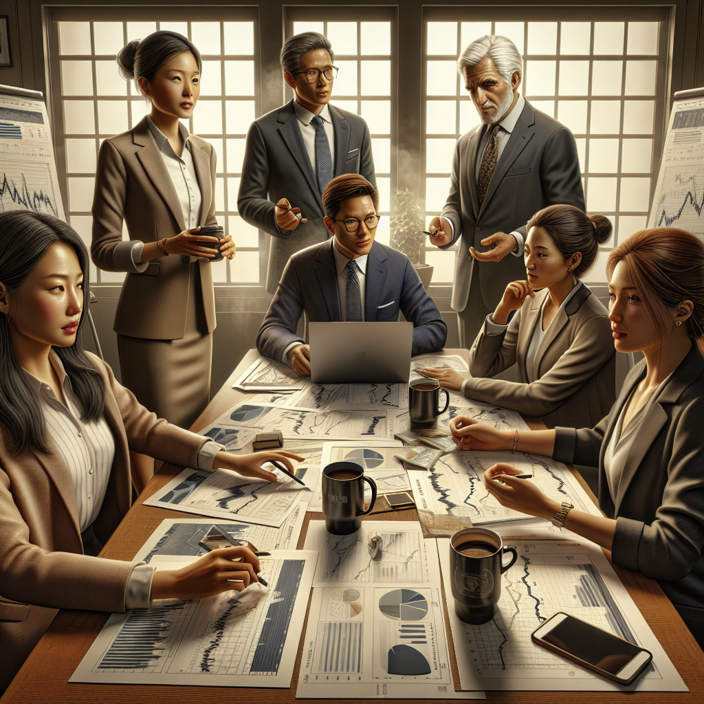 A diverse group of retail investors engaged in strategic discussion around a table filled with financial tools.