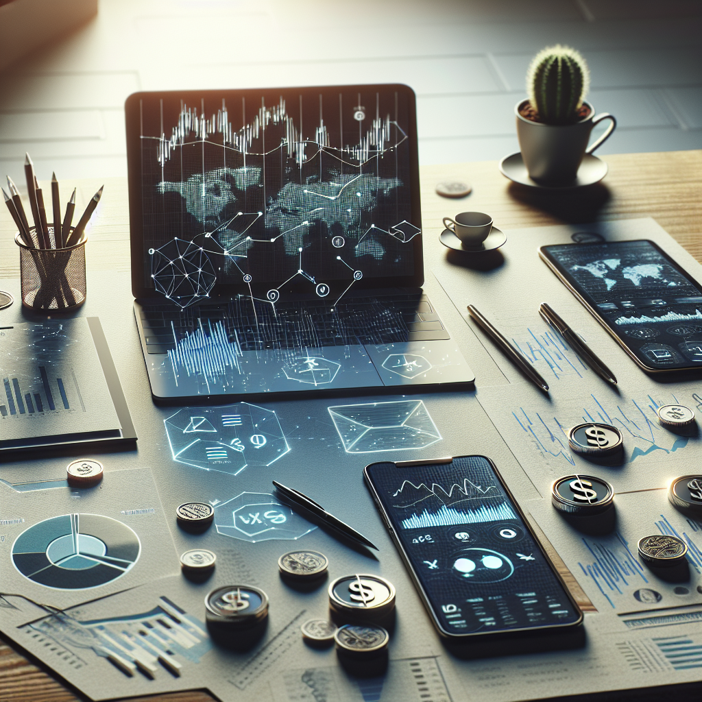 A realistic depiction of a retail investor's desk with financial symbols and technology.