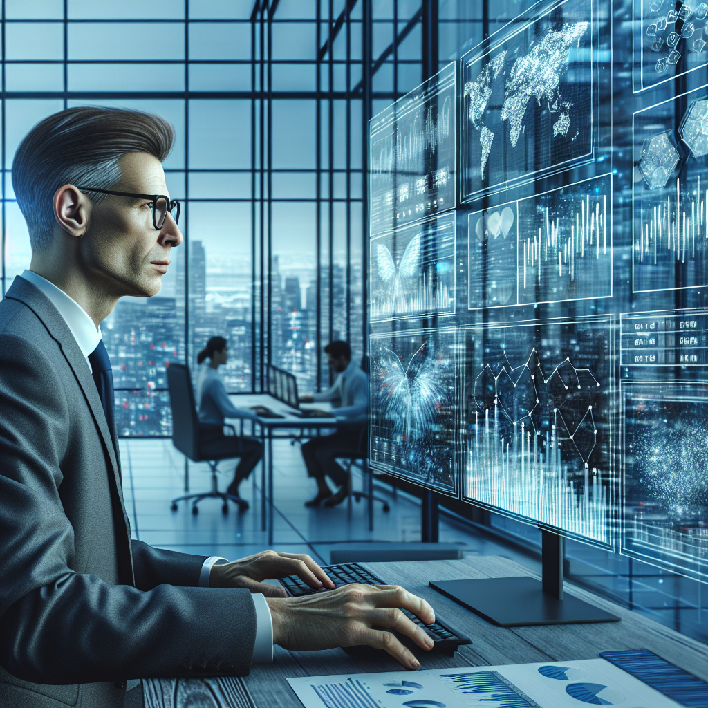 A realistic depiction of an investor in a high-tech office analyzing financial data on multiple screens.