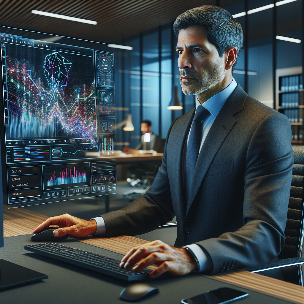 A financial analyst in a modern office working with data on a high-tech computer screen.
