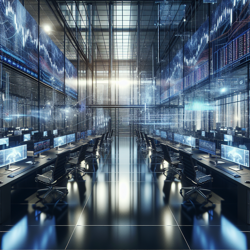 A modern financial office with high-tech computer stations displaying stock market data, symbolizing quantitative investment strategies.