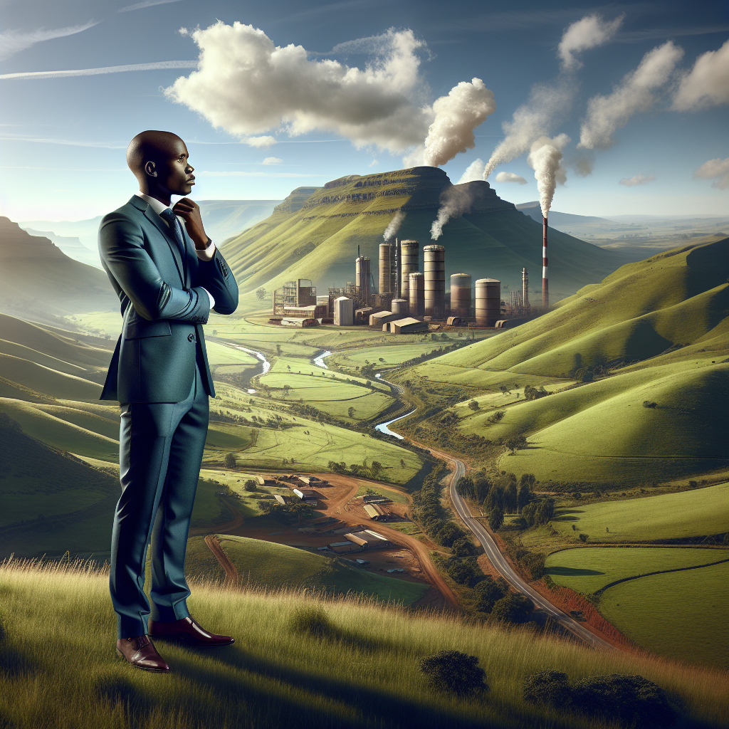 A business investor in Lesotho standing on a landscape with infrastructure and hills.