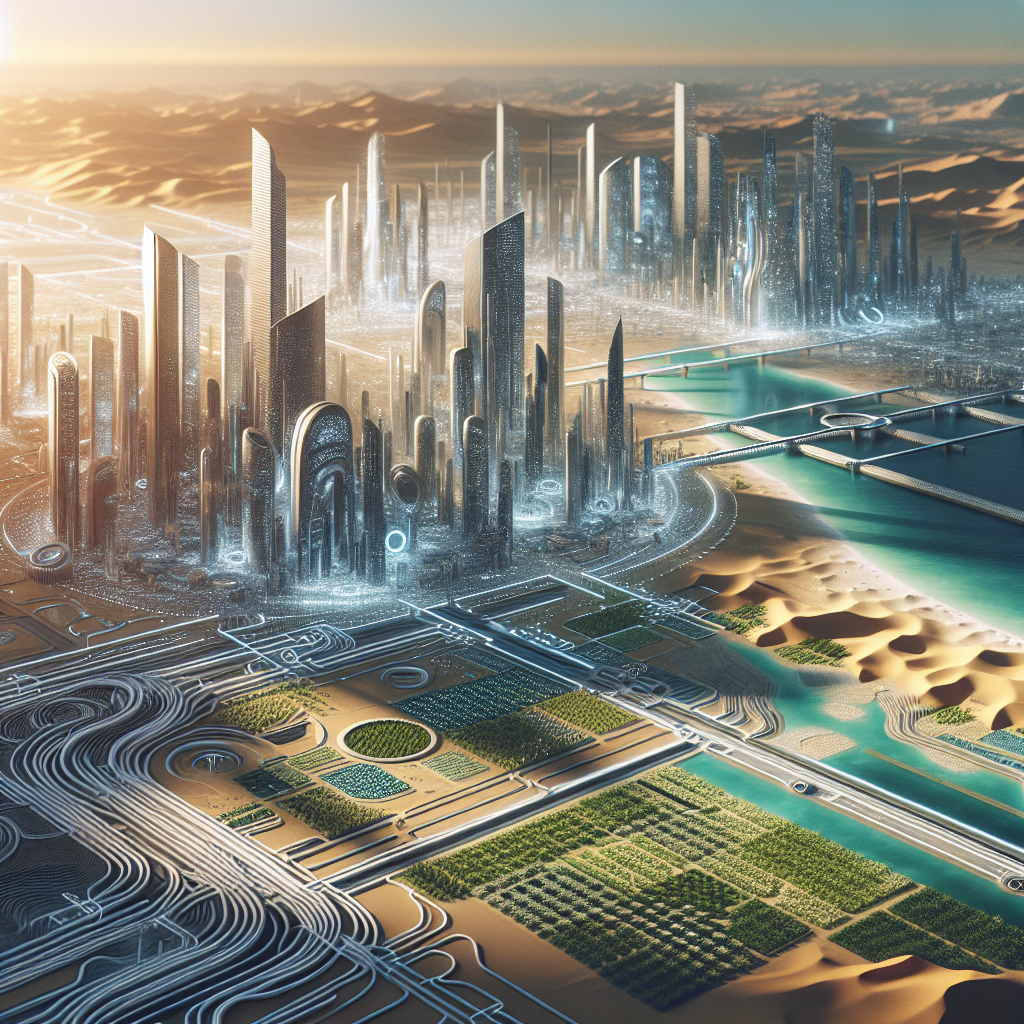 Saudi Arabia Vision 2030 National Investment Strategy landscape with futuristic city and desert.