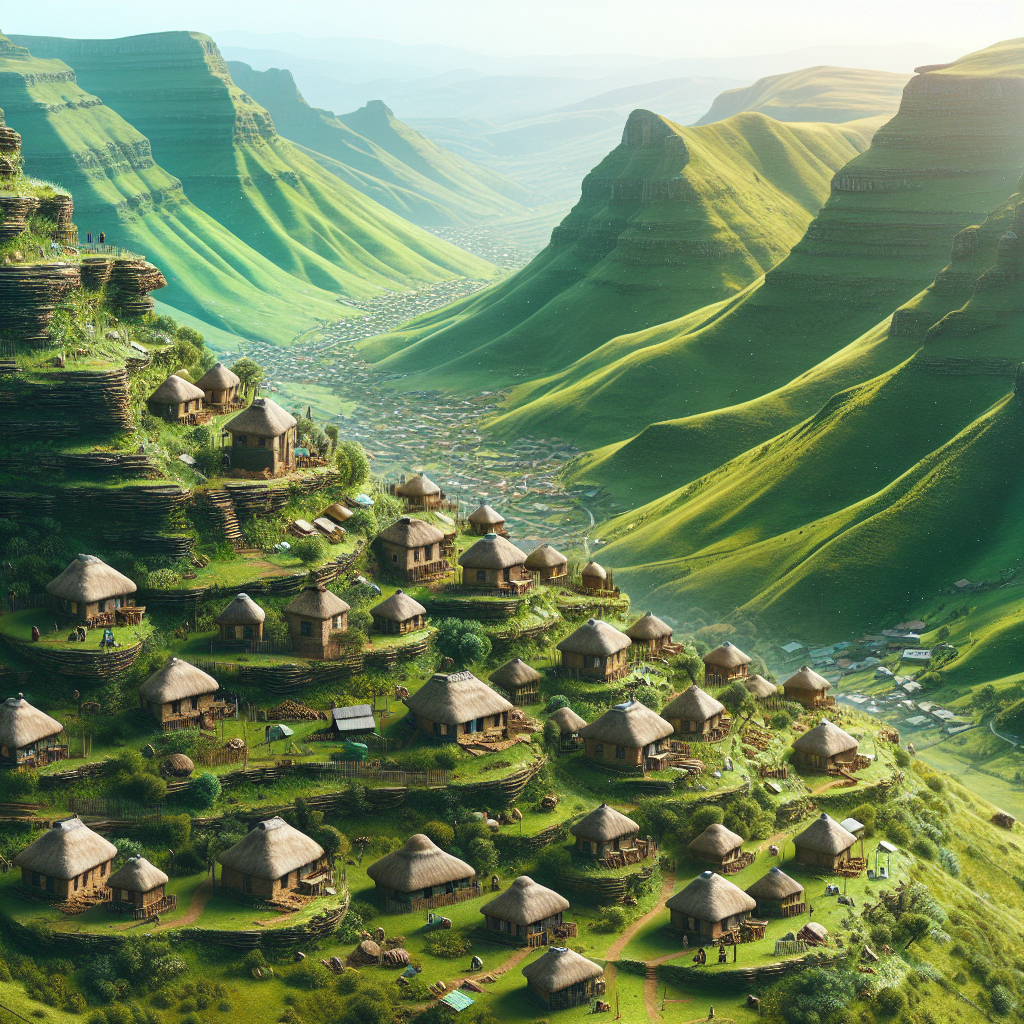 The Kingdom of Lesotho landscape with mountains, valleys, and traditional Basotho houses.