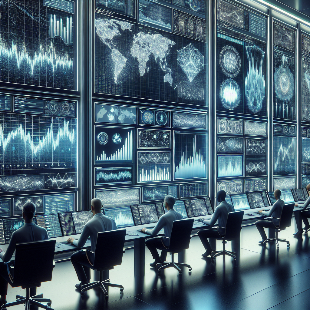 Futuristic trading room with screens displaying complex data patterns.