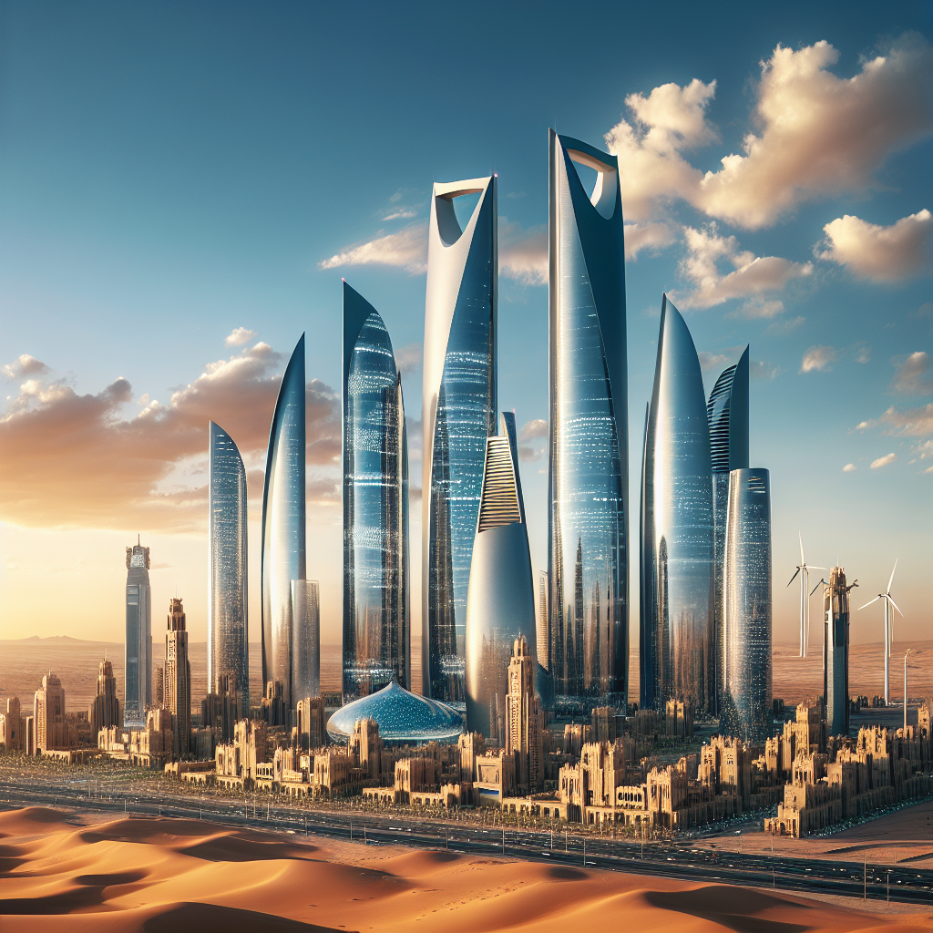 Skyline of the futuristic city NEOM in Saudi Arabia, showcasing modern architecture and renewable energy elements.