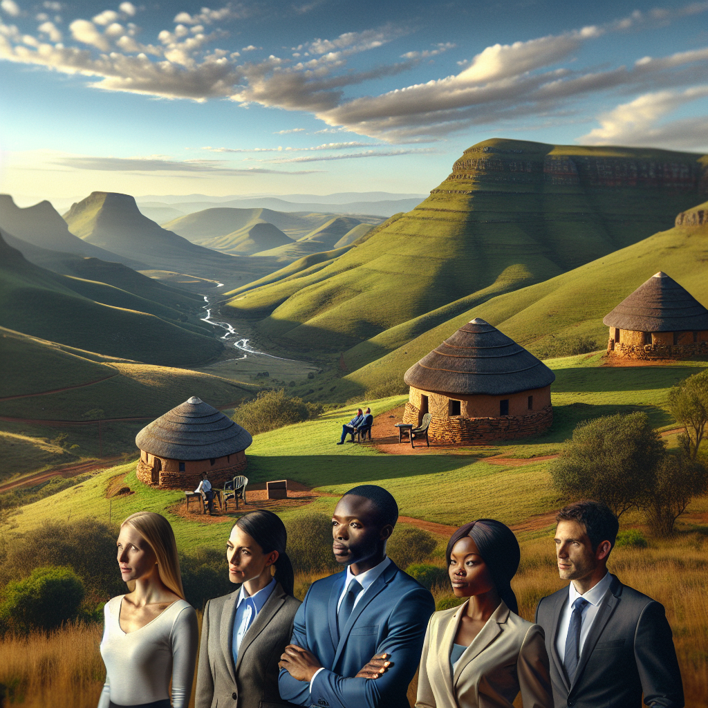 Realistic depiction of Lesotho's landscape with investors observing the area, traditional Sotho huts in the background.