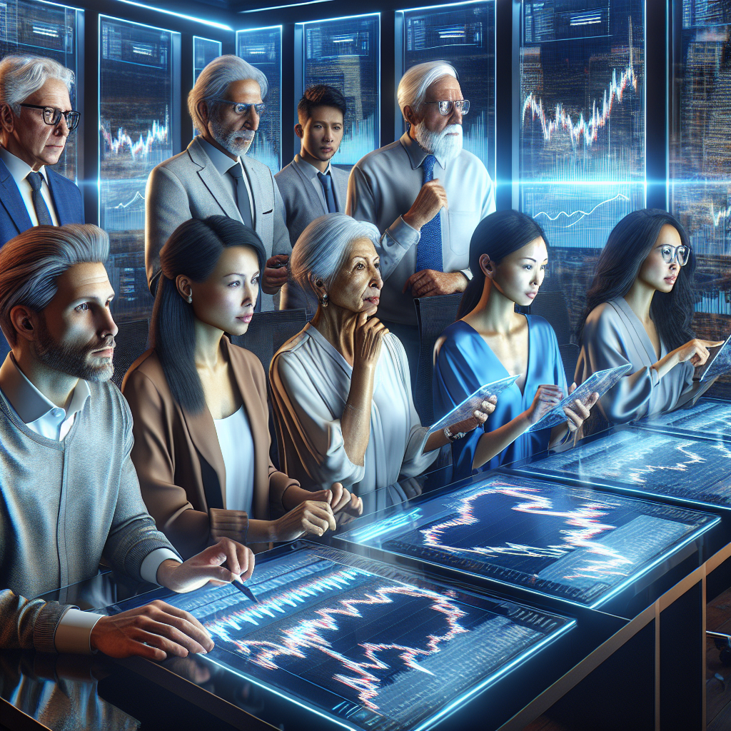 A group of diverse retail investors analyzing financial charts in a modern office.