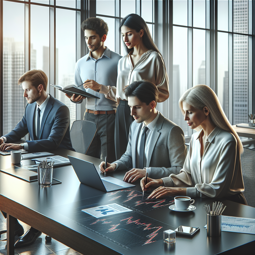 Diverse group of retail investors collaborating at a modern office desk.