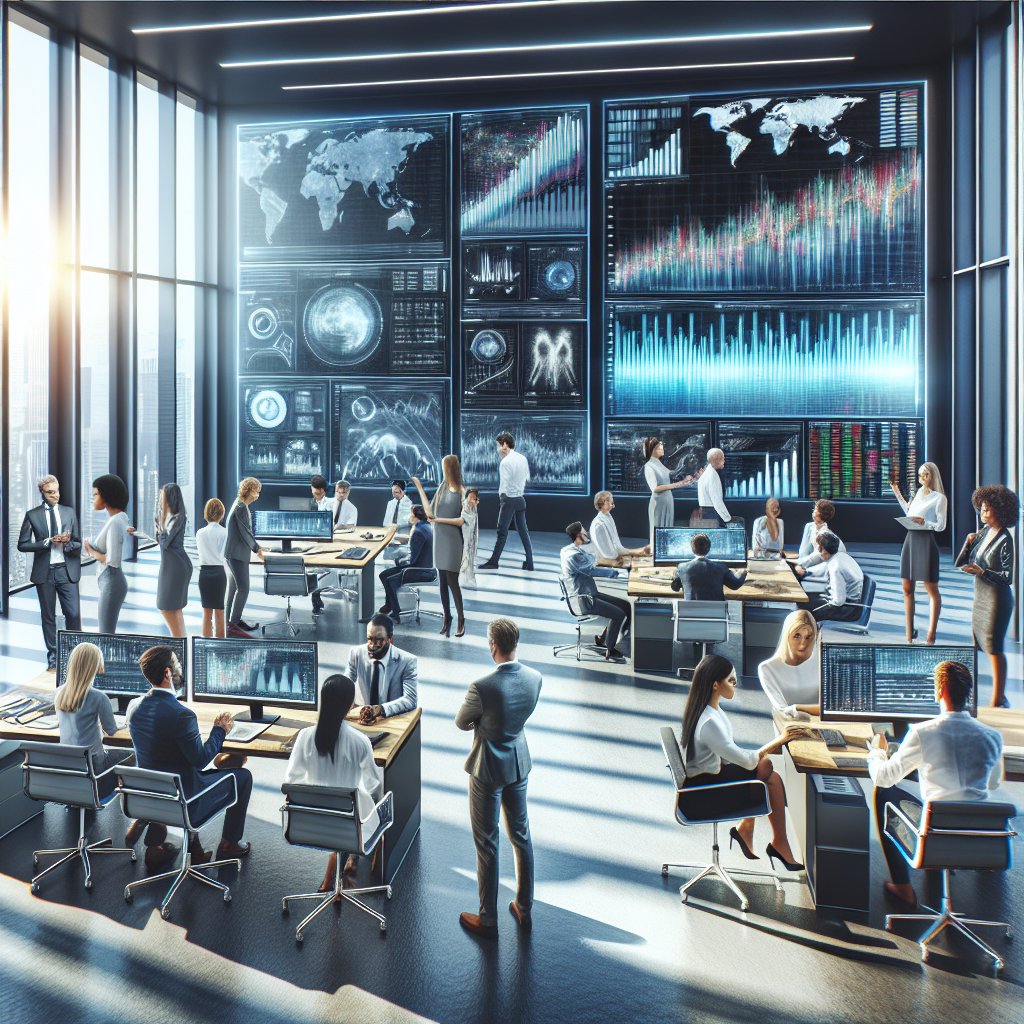 Diverse group of investors analyzing charts in a modern office.