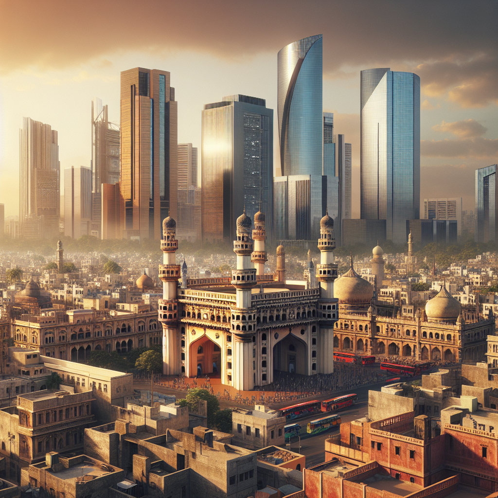 Hyderabad cityscape blending tradition with modernity, featuring iconic landmarks and modern skyscrapers.