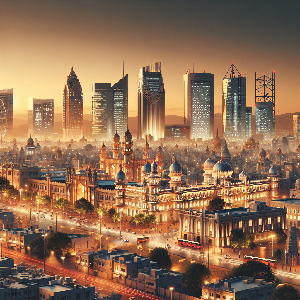 Realistic depiction of Hyderabad's modern skyline with historical architecture, vibrant economic atmosphere.