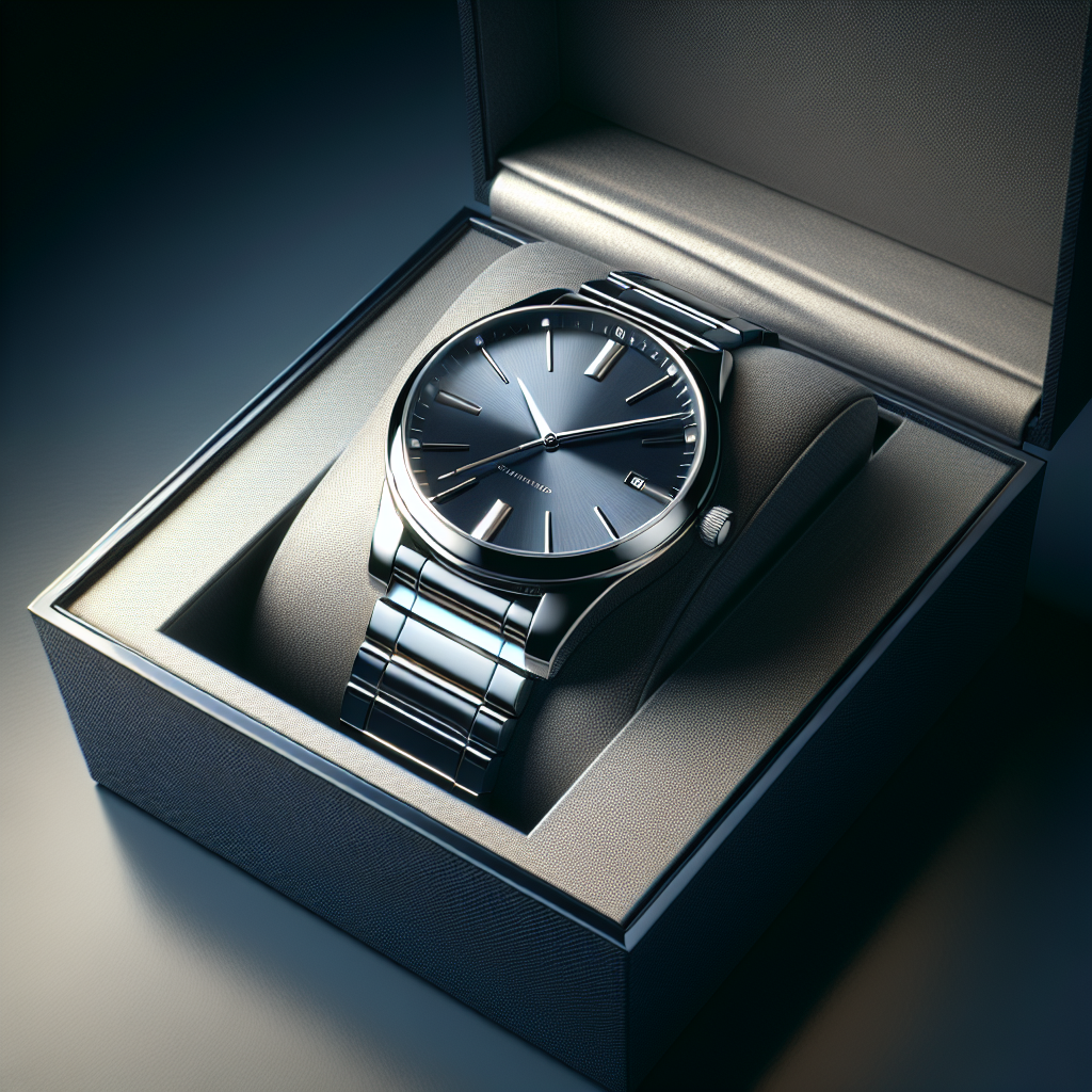 An elegant and realistic silver wristwatch presented in an open luxurious box, embodying affordable luxury.