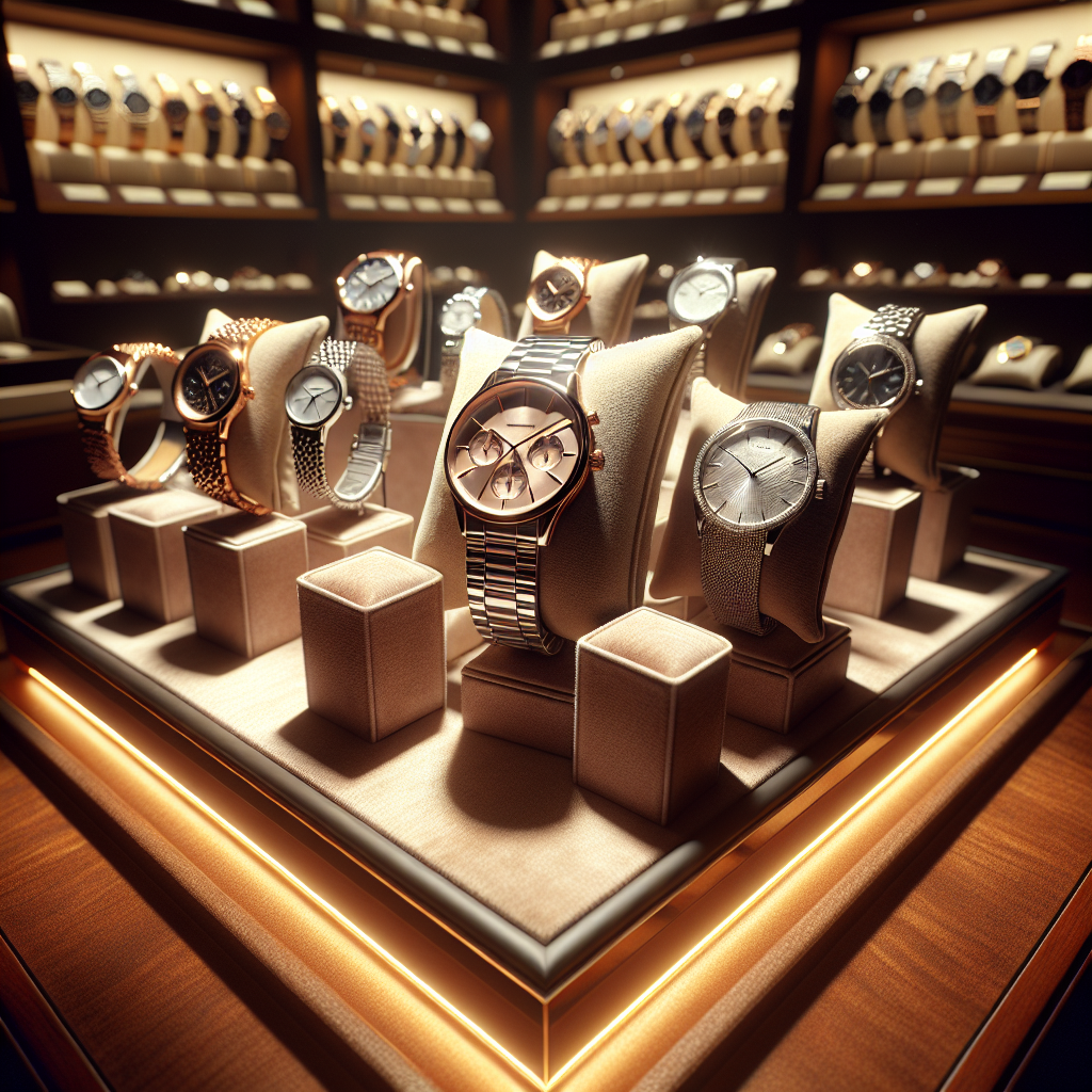 A range of affordable designer watches from Tissot and Diesel displayed in a luxurious watch shop setting with warm, soft lighting highlighting their details.