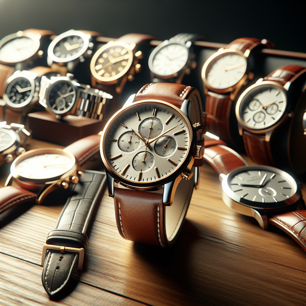 An assortment of Tissot and Diesel designer watches displayed elegantly on a mahogany table.