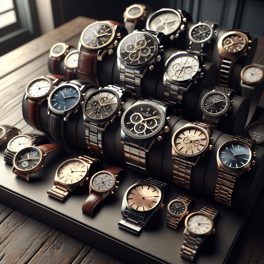 A selection of affordable luxury watches from various brands displayed on a dark wooden table in an elegant boutique setting.