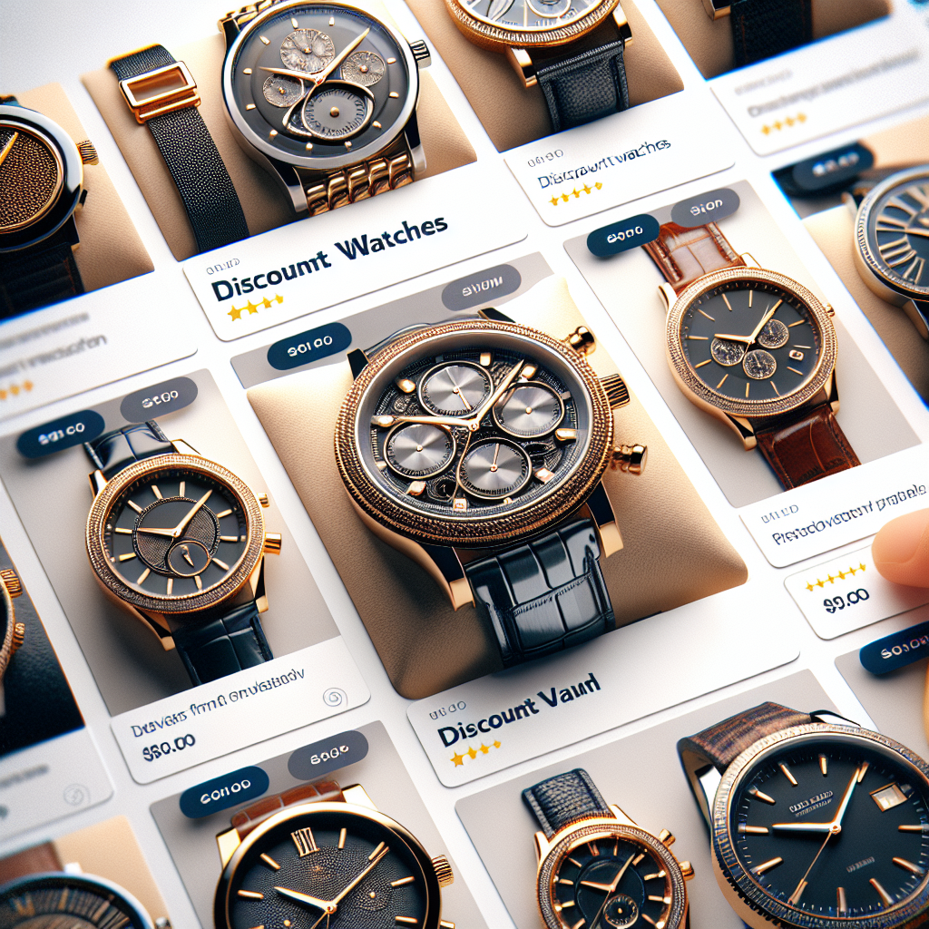 Luxury discount watches displayed online with detailed watch faces, straps, and branding.