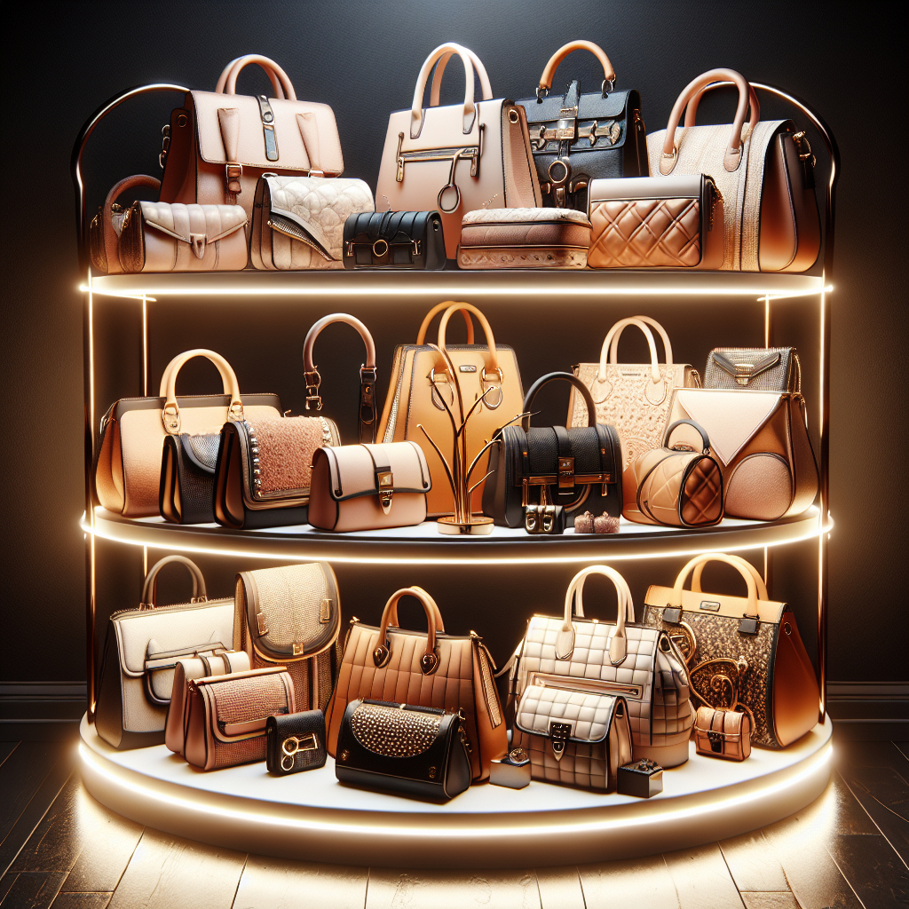 Affordable brand-name purses displayed on a stylish shelf in a realistic setting.