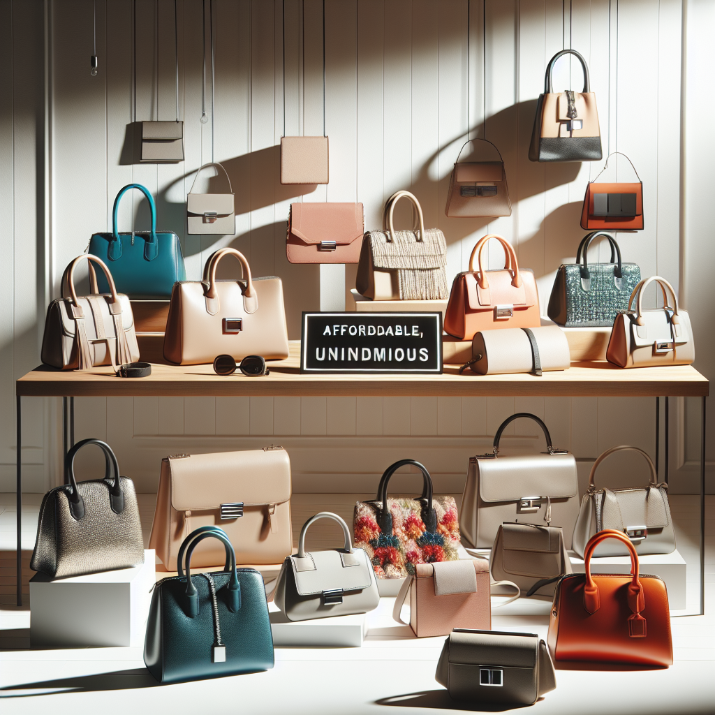 Affordable brand-name purses displayed on a table.