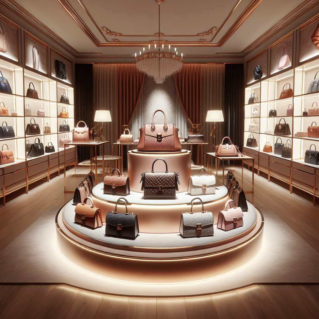 A realistic image of a luxurious handbag display in a high-end boutique.