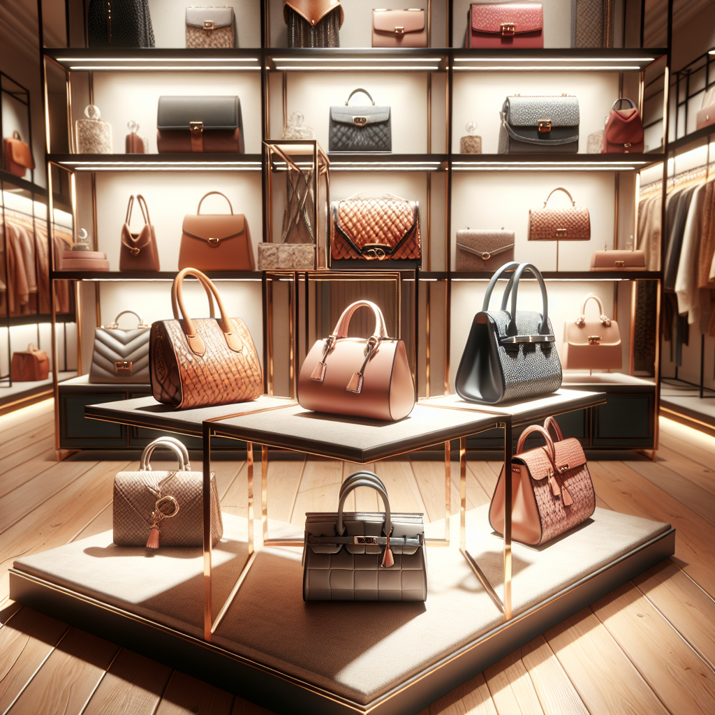 Realistic image of designer handbags in a high-end boutique.