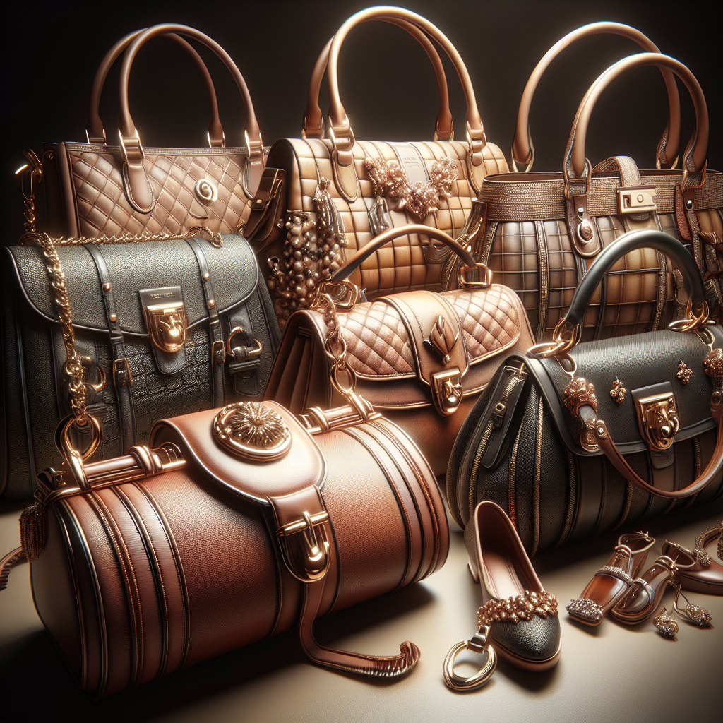 A realistic image of various designer handbags displayed elegantly, with detailed textures, branding, and hardware, in a luxury boutique setup.