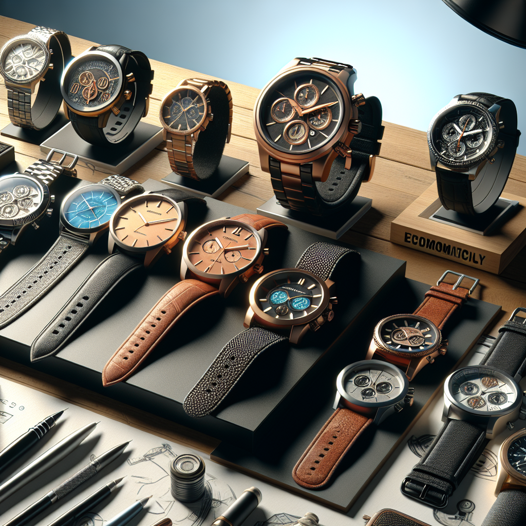 A display of various affordable branded watches on a table, highlighting different styles and designs.