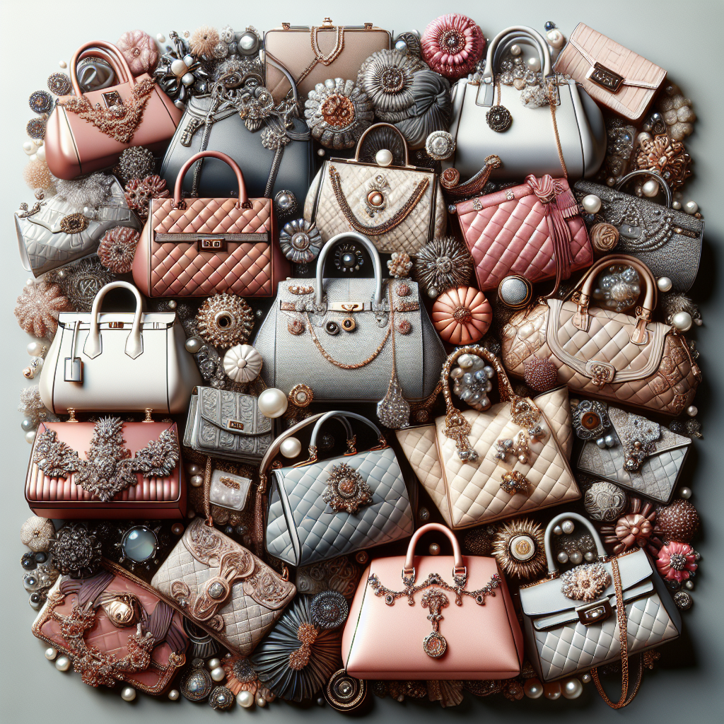 A collection of realistic designer handbags on display.