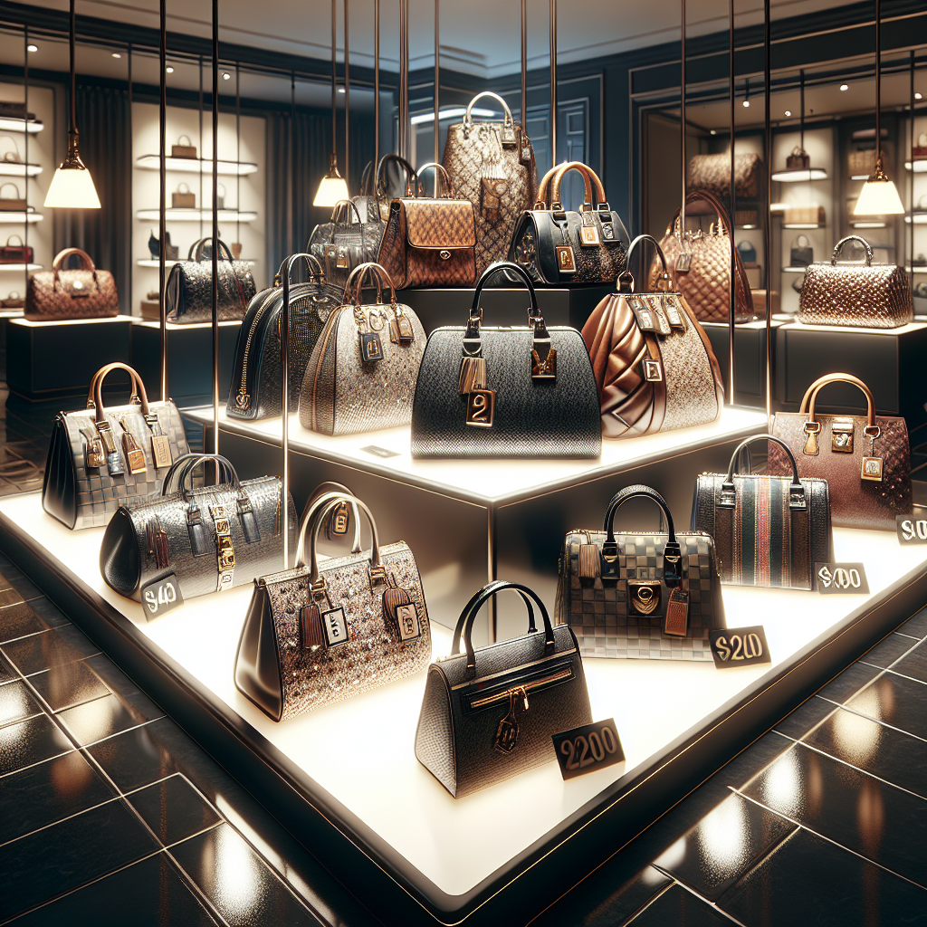 Realistic image of discounted designer bags in a boutique setting.