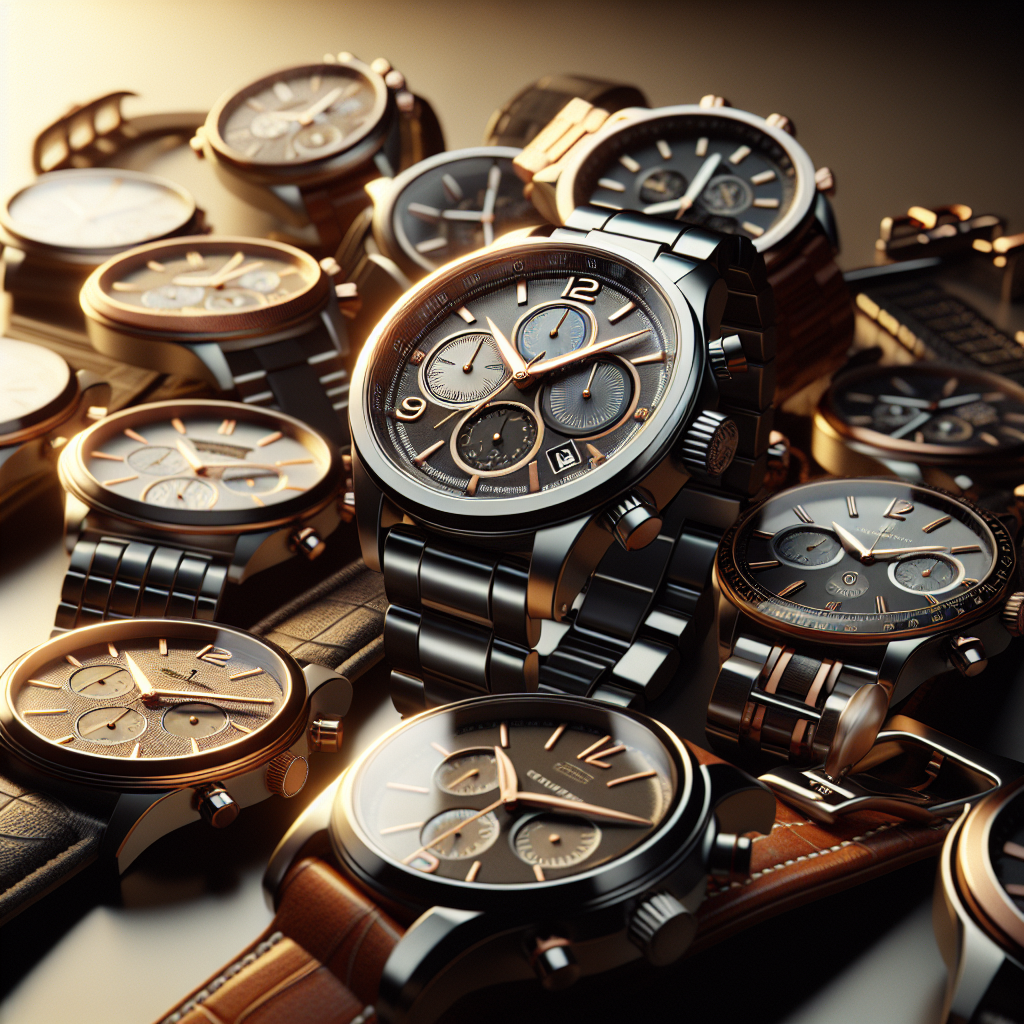 A realistic depiction of a collection of designer watches showcasing intricate designs and luxurious materials.