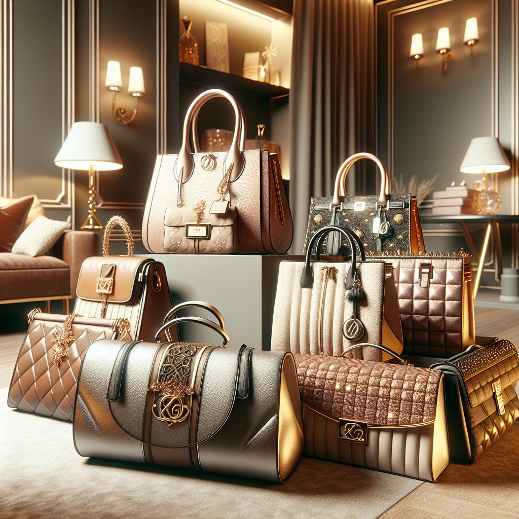 A realistic image of luxury designer handbags displayed in an elegant setting.