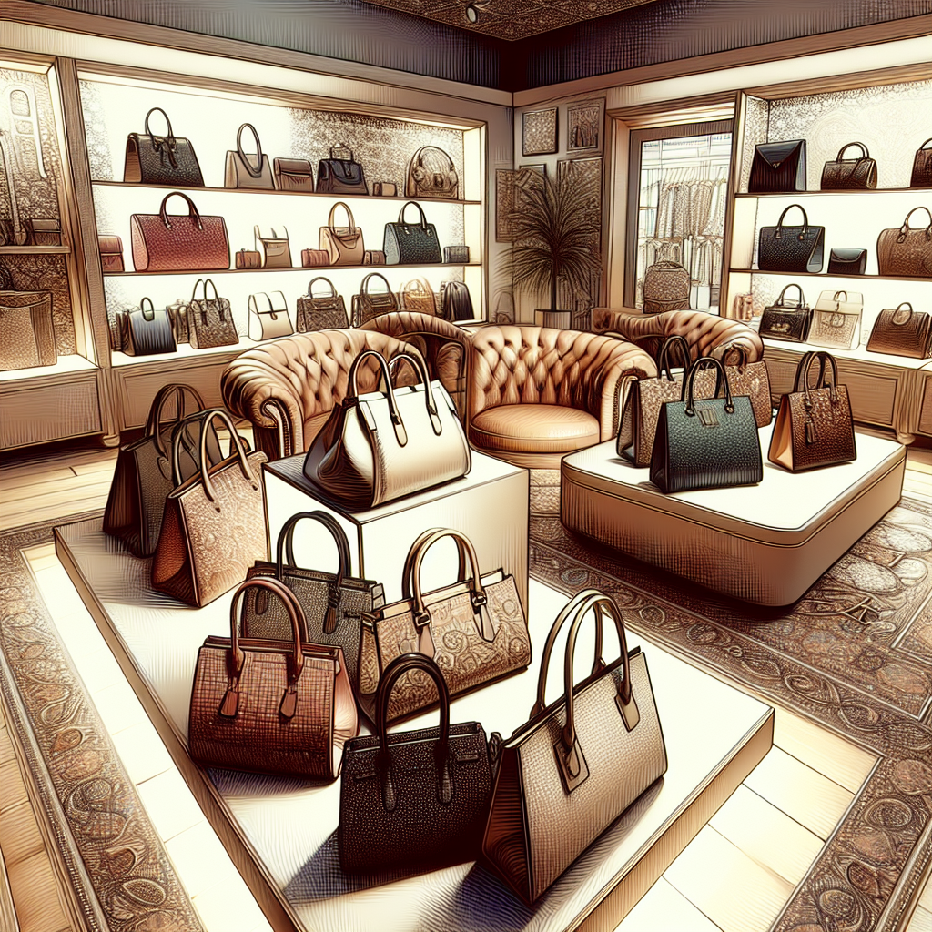 A realistic scene of various top-brand handbags in a modern boutique.