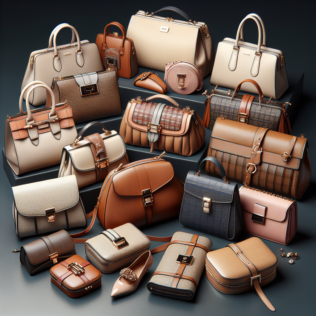 Realistic image of discounted top-brand handbags in a sophisticated setting.