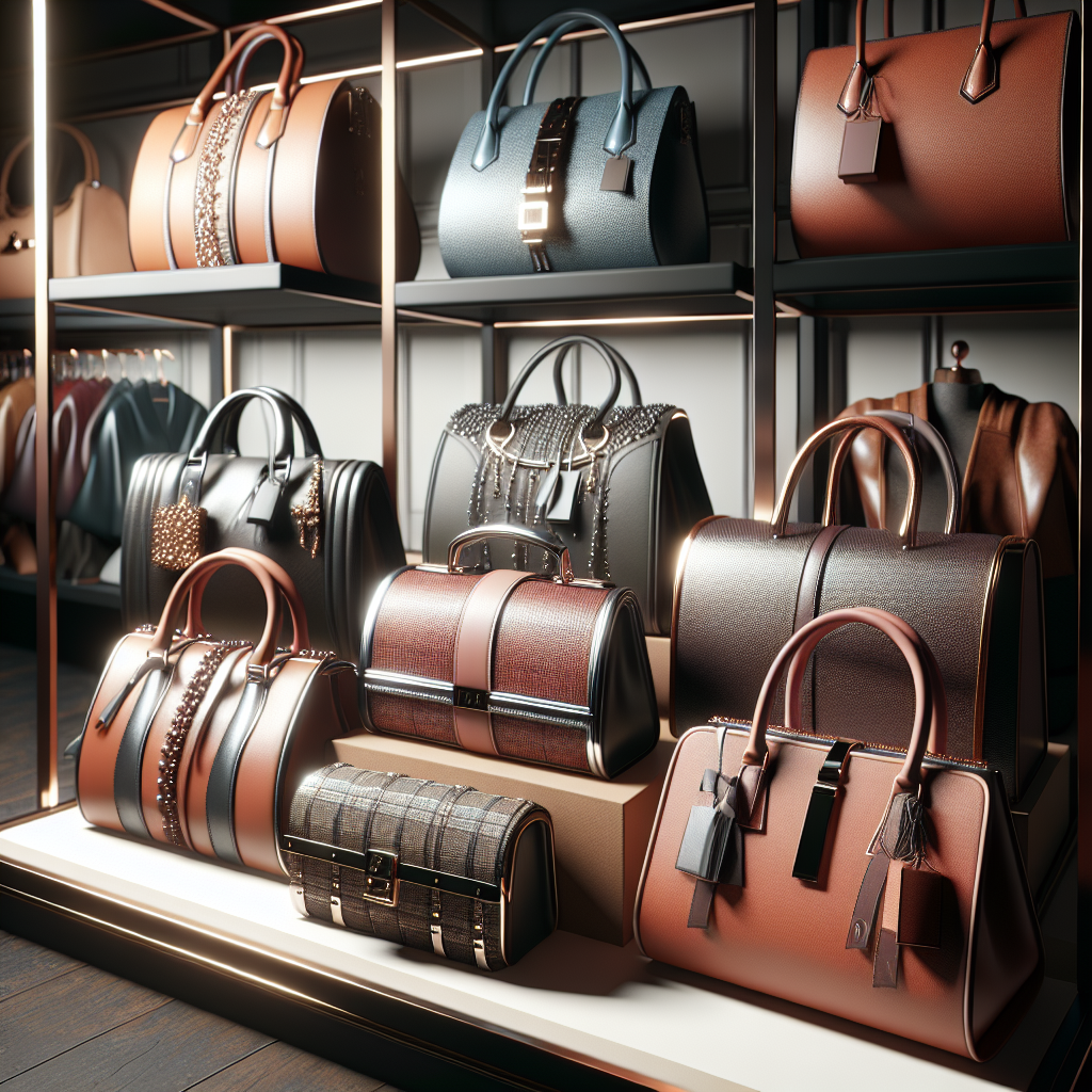 A selection of luxurious top-brand handbags displayed on a store shelf.