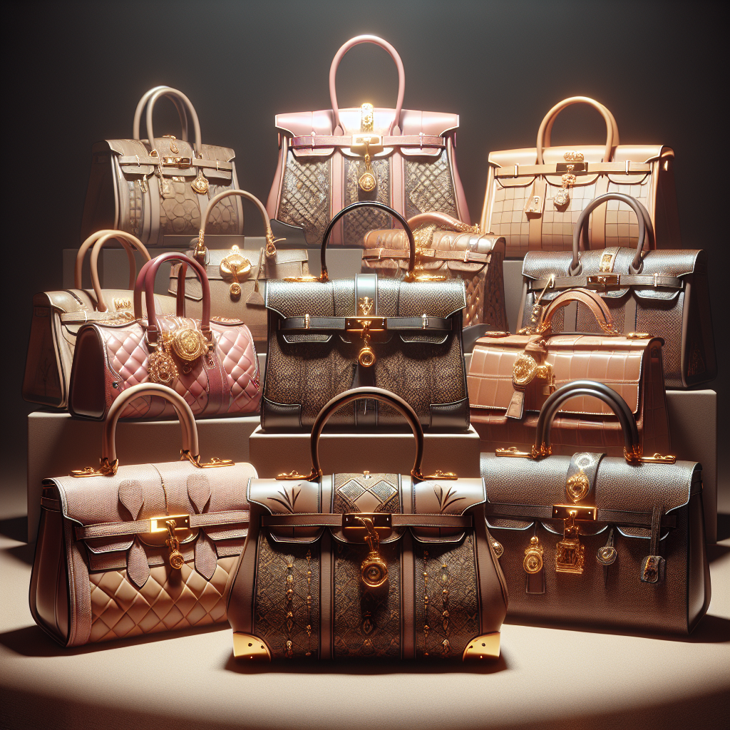 A display of discounted top-brand handbags in a realistic style.