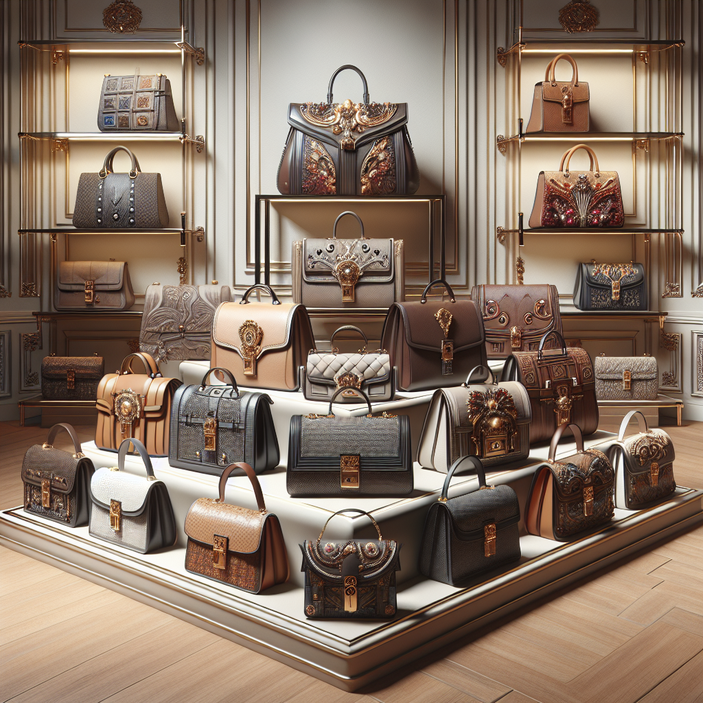 A collection of luxurious designer bags on display in an upscale retail setting