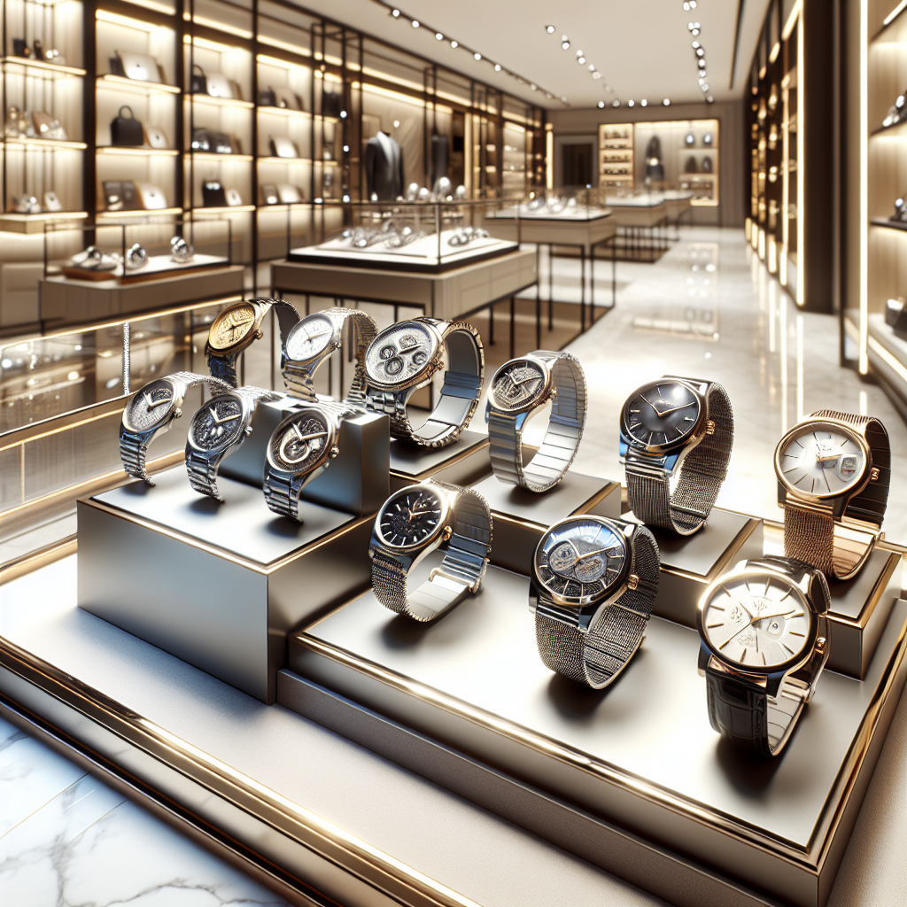 Realistic image of branded watches on display in a luxury retail setting.