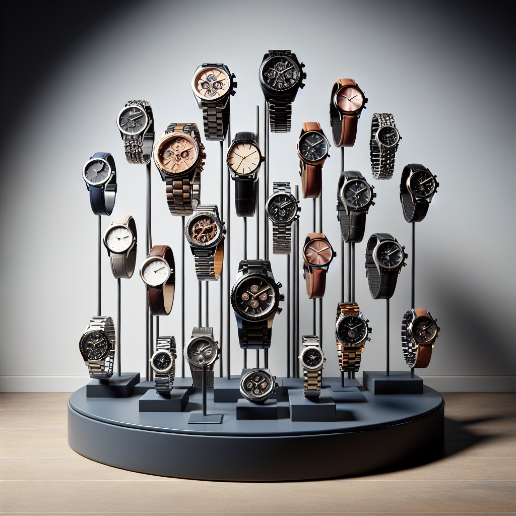 A display of discounted branded watches in various styles and designs.