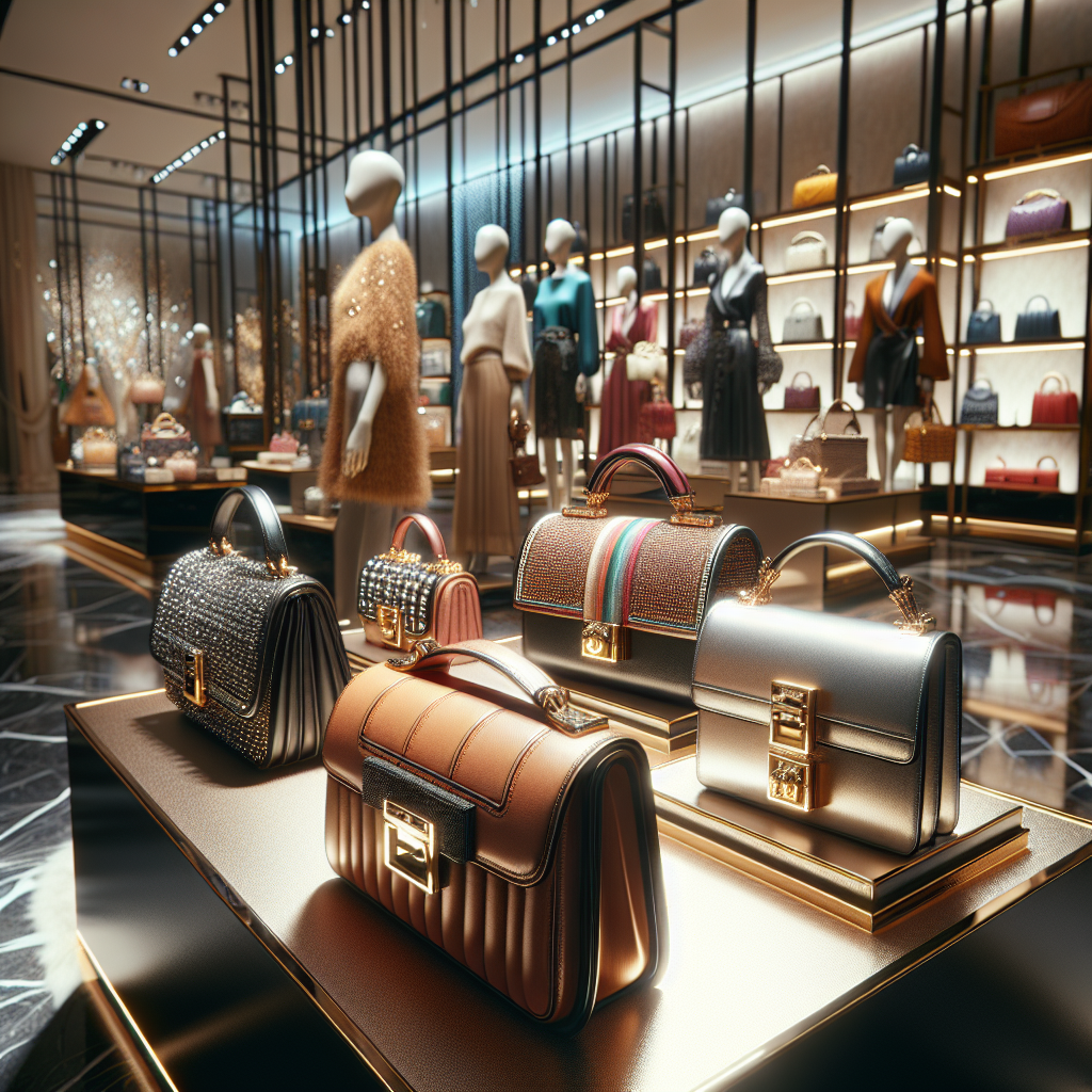 High-end handbags on display in a luxury boutique.